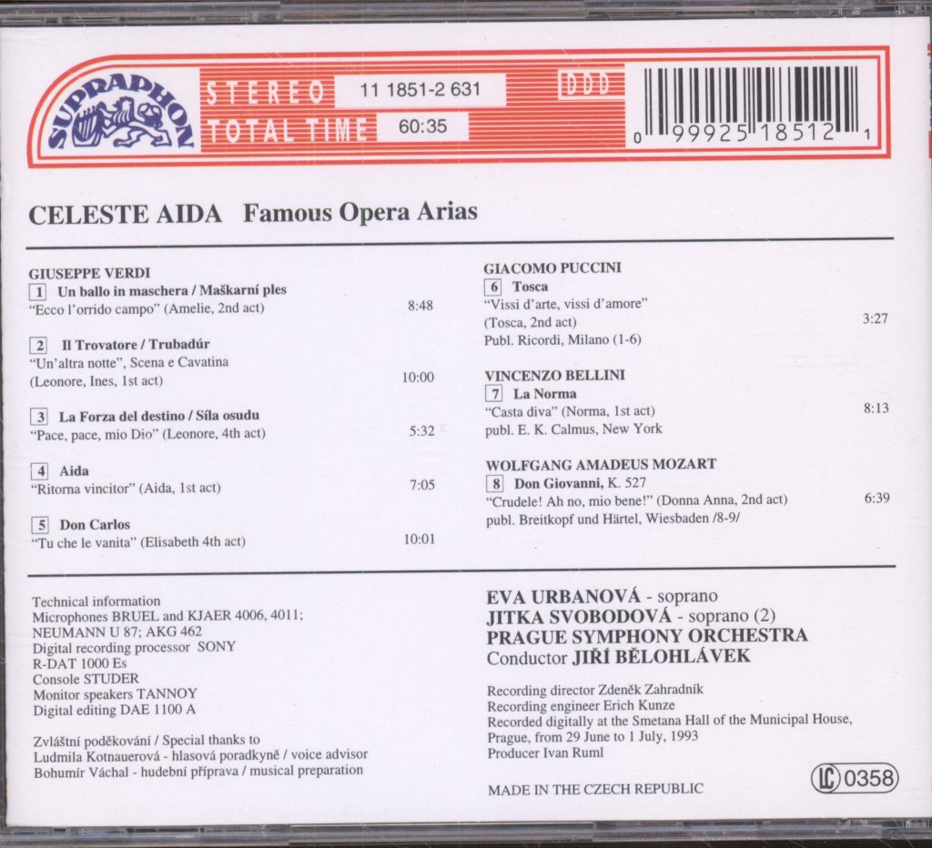 Eva Urbanova, Prague Symphony Orchestra - Celeste Aida - Famous Opera Arias - Cd