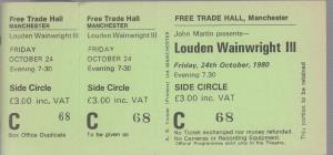 Loudon Wainwright 3 - Free Trade Hall Manchester 24Th October 1980 - Ticket