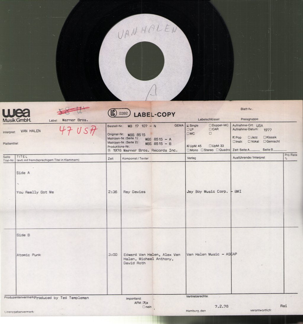 Van Halen - You Really Got Me / Atomic Punk - 7 Inch