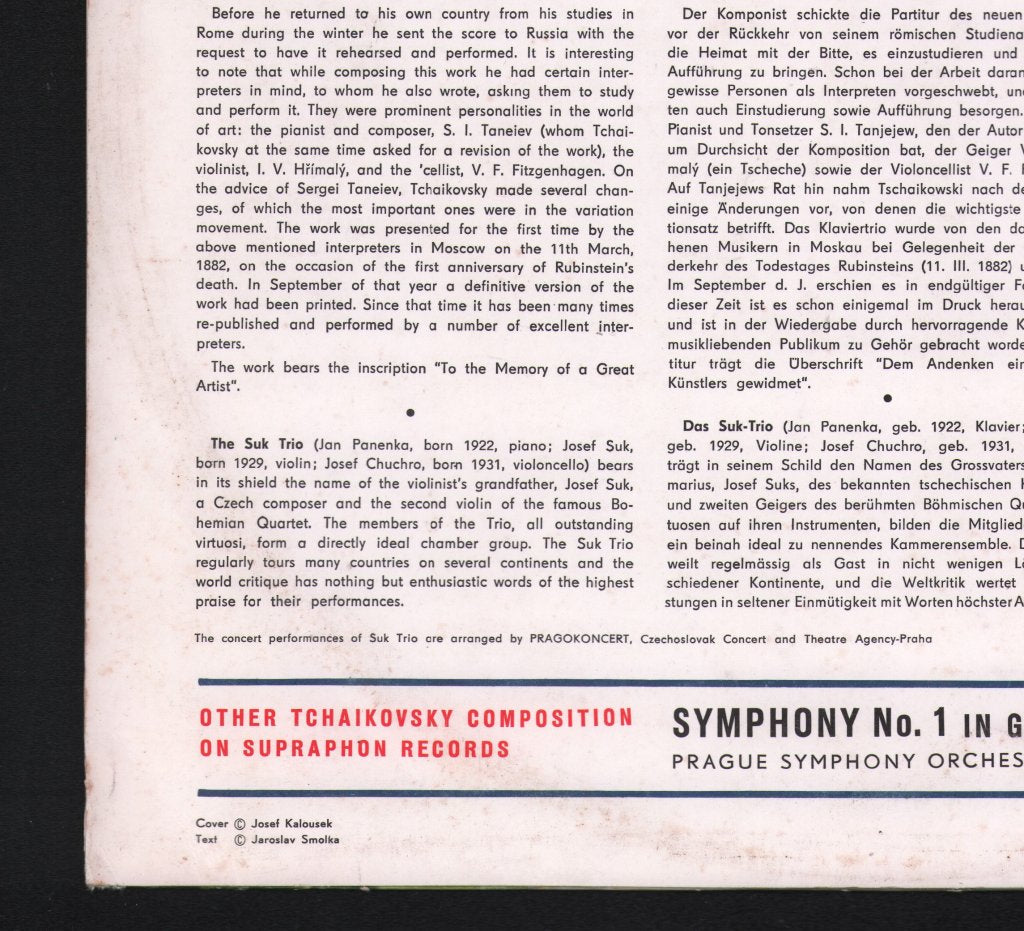 Suk Trio - Tchaikovsky - Piano Trio (In A Minor) - Lp