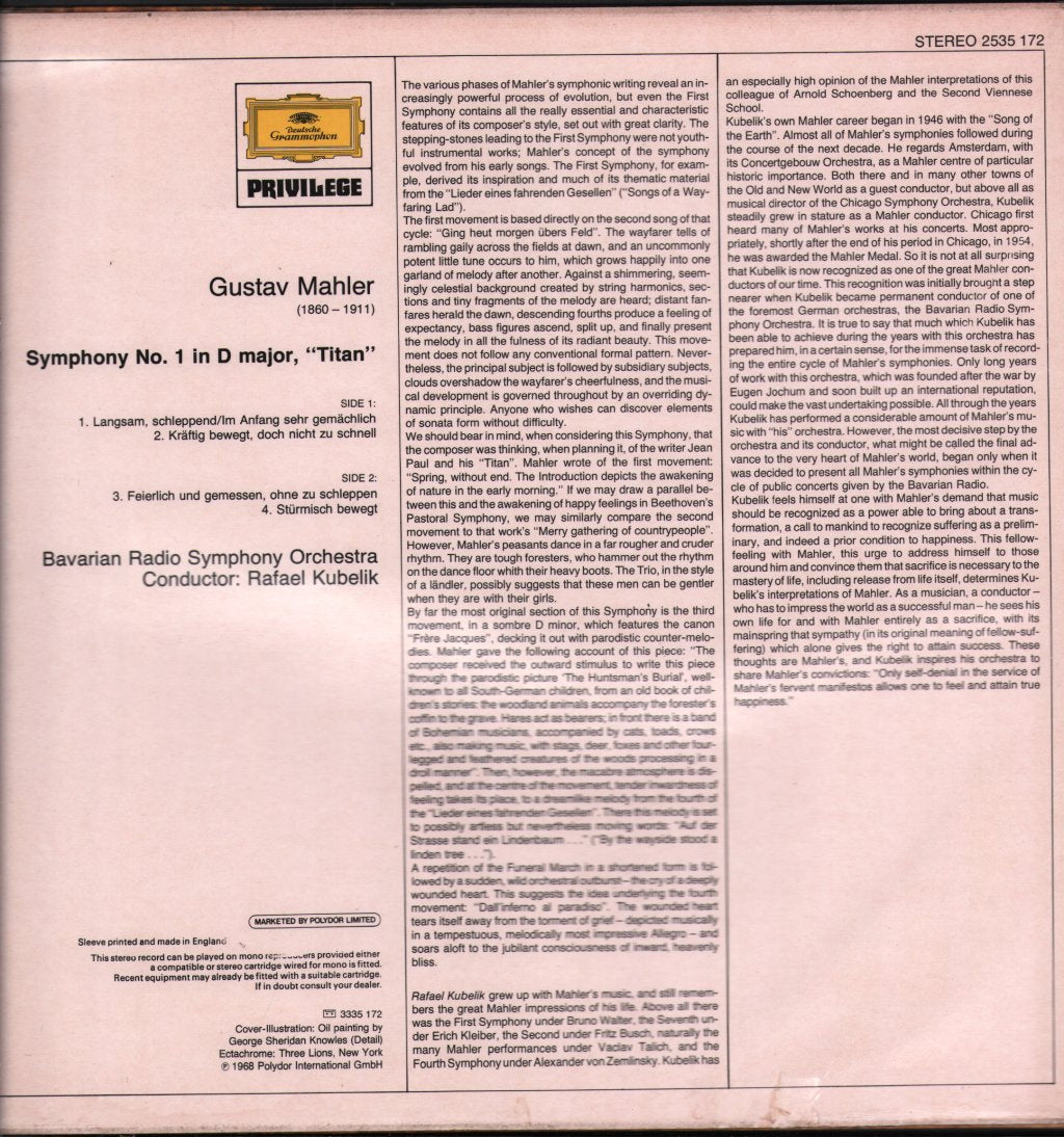 Rafael Kubelik / Bavarian Radio Symphony Orchestra - Gustav Mahler - Symphony No 1 In D Major, "Titan" - Lp