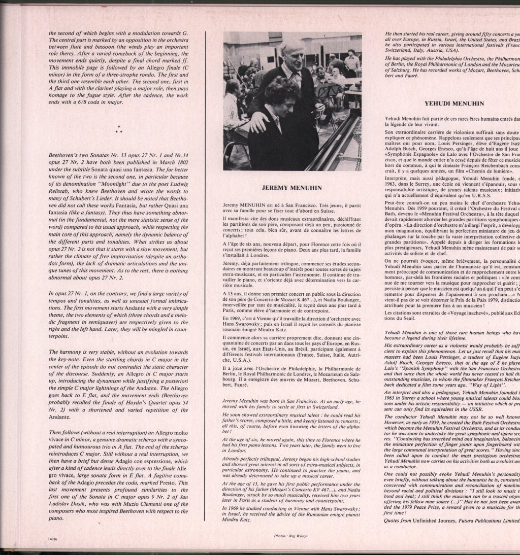 Jeremy Menuhin / Yehudi Menuhin / Royal Philharmonic Orchestra - Beethoven - 3e Concerto / 13e Sonate "Quasi Una Fantasia" - Lp