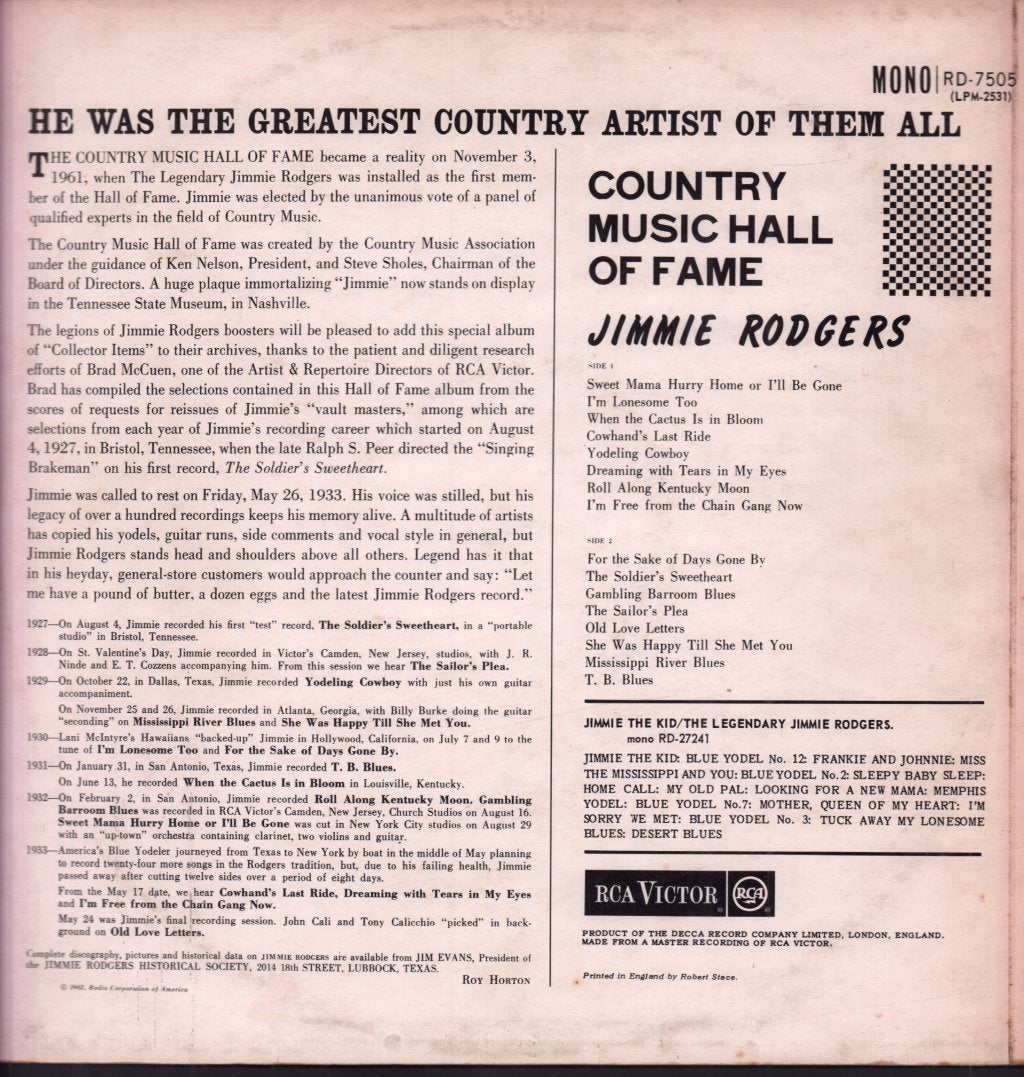 Jimmie Rodgers - Country Music Hall Of Fame - Lp
