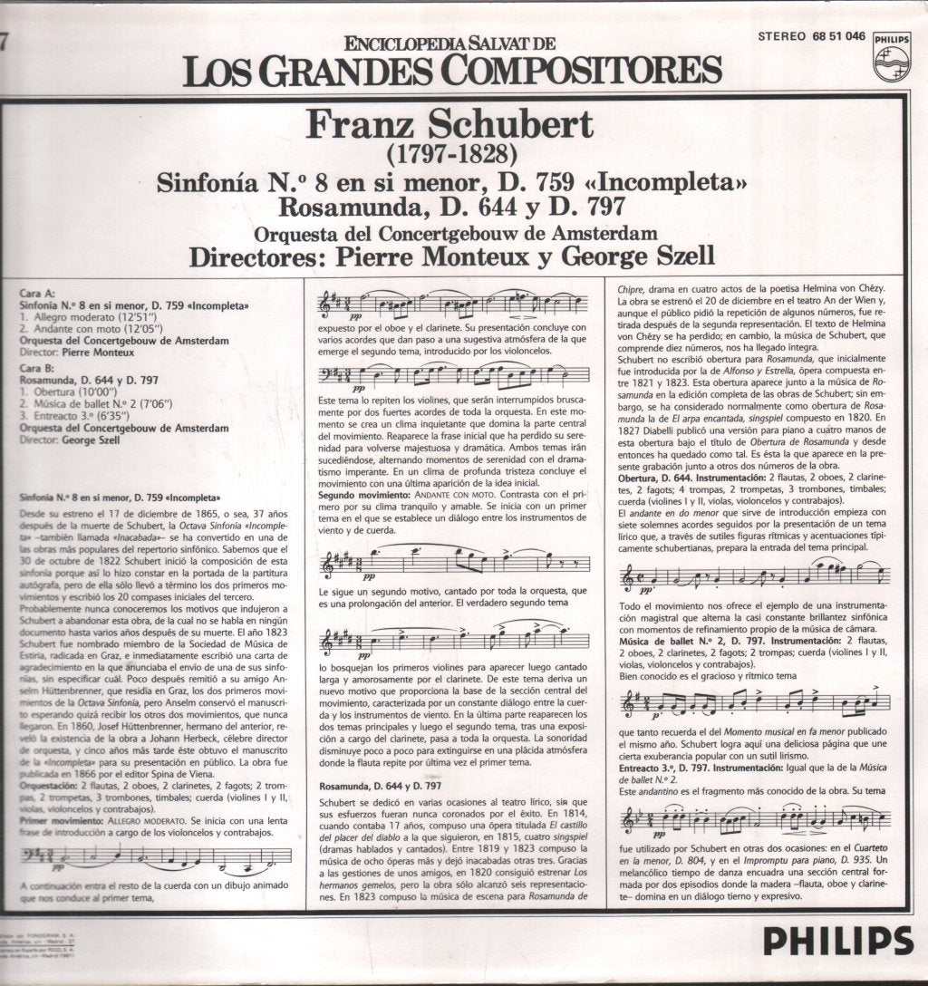 Pierre Monteux / George Szell / Orwuesta Del Concertgebouw De Amsterdam - Franz Schubert - Sinfonia No. 8 En Si Menor, D. 759 "Incompleta" / Rosamunda, D. 644 Y D. 797 - Lp