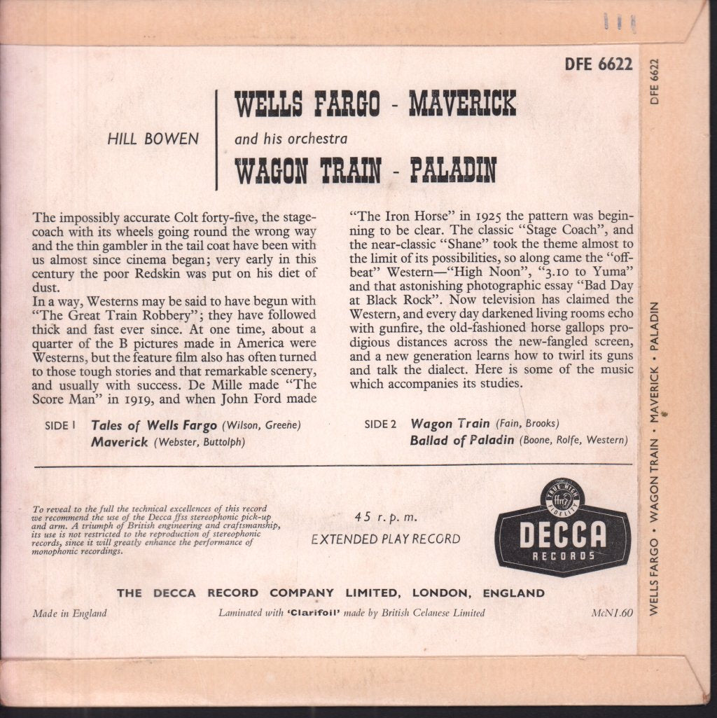 Hill Bowen And His Orchestra - Famous T.V. Western Themes - 7 Inch