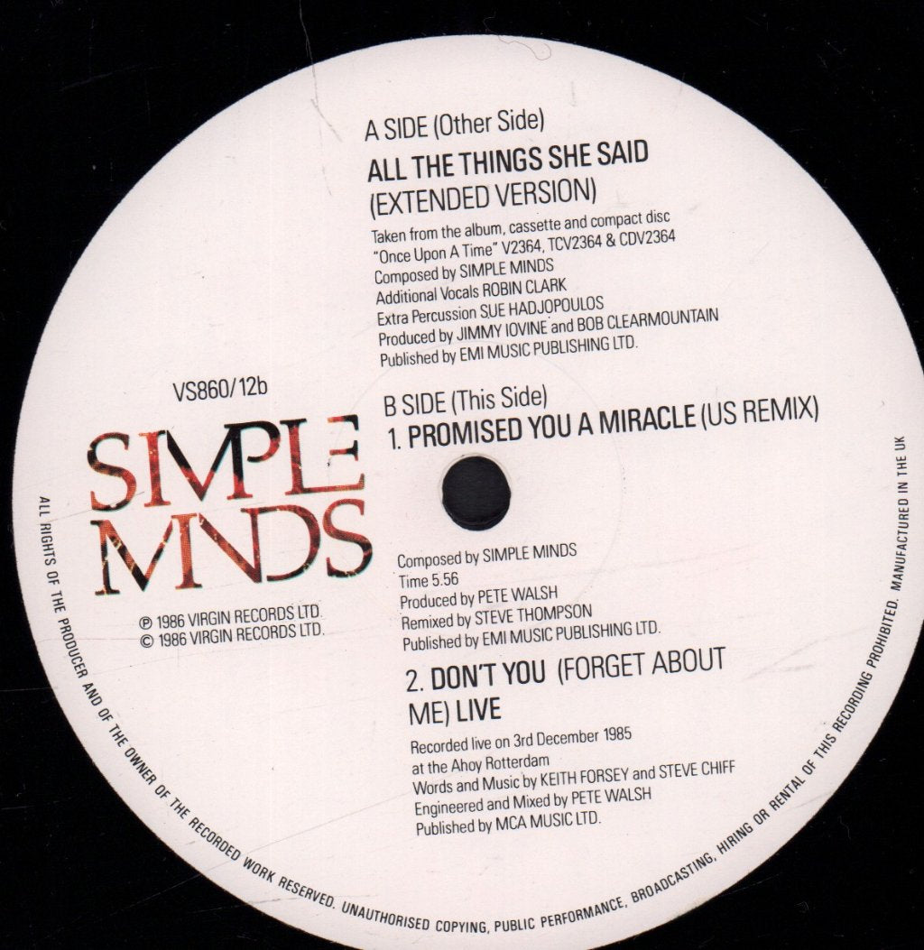 Simple Minds - All The Things She Said - 12 Inch