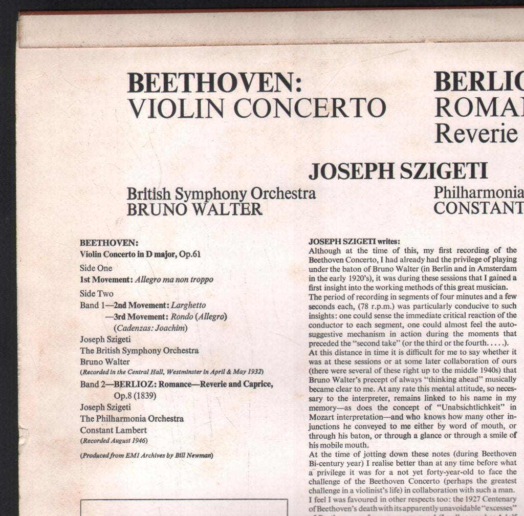 Joseph Szigeti / Bruno Walter / Constant Lambert - Szigeti Plays Beethoven Violin Concerto - Lp