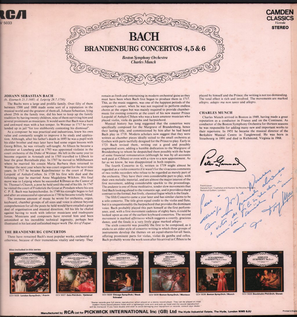 Charles Munch / Boston Symphony Orchestra - Bach Brandenburg Concertos 4, 5 And 6 - Lp