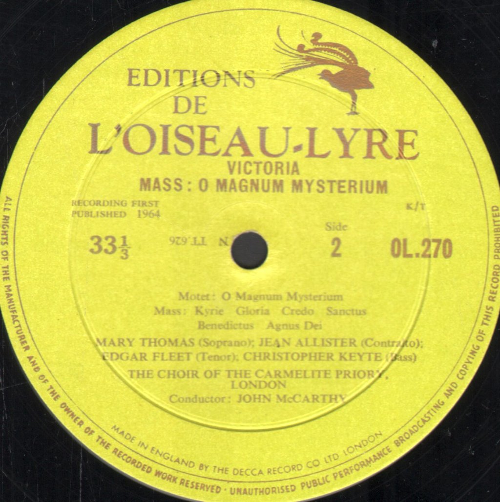 Choir Of The Carmelite Priory London / John McCarthy - Victoria - Two Masses - O Quam Gloriosum / O Magnum Mysterium - Lp