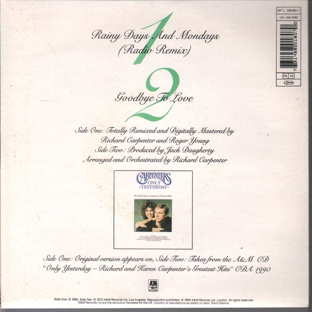 Carpenters - Rainy Days And Mondays - 7 Inch