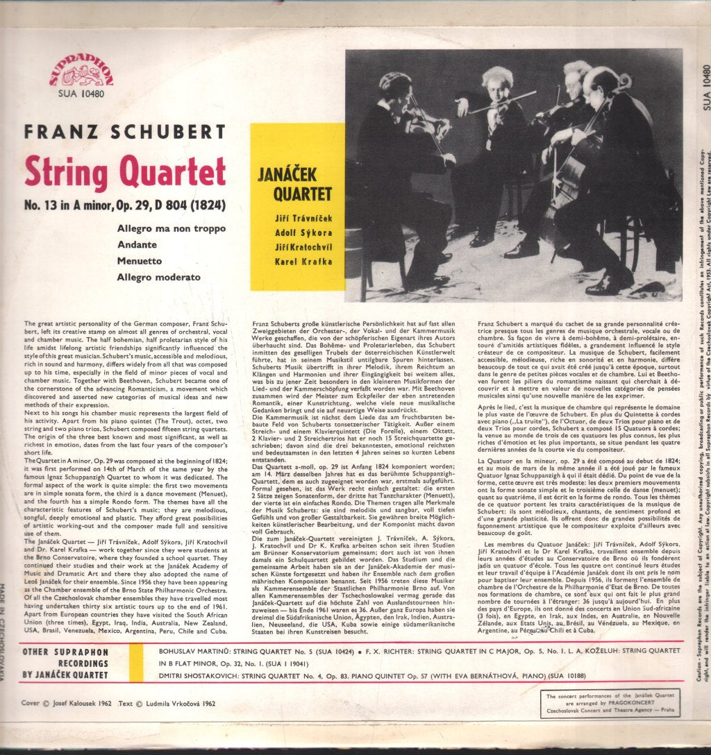 Janacek Quartet - Schubert - String Quartet No.13 In A Minor, Op.29 - Lp