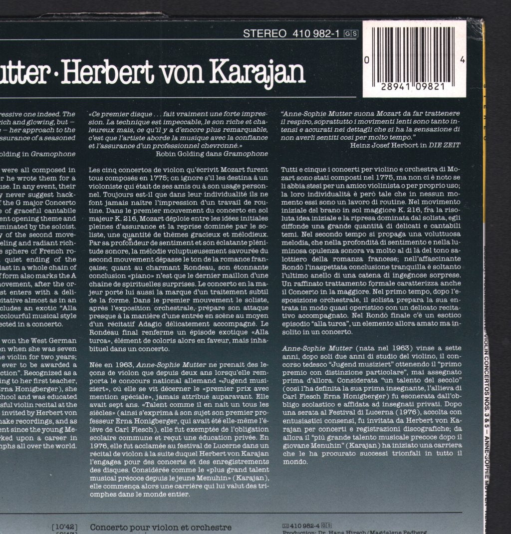 Anne-Sophie Mutter / Herbert Von Karajan / Berlin Philharmonic Orchestra - Mozart Violin Concertos Nos 3&5 - Lp
