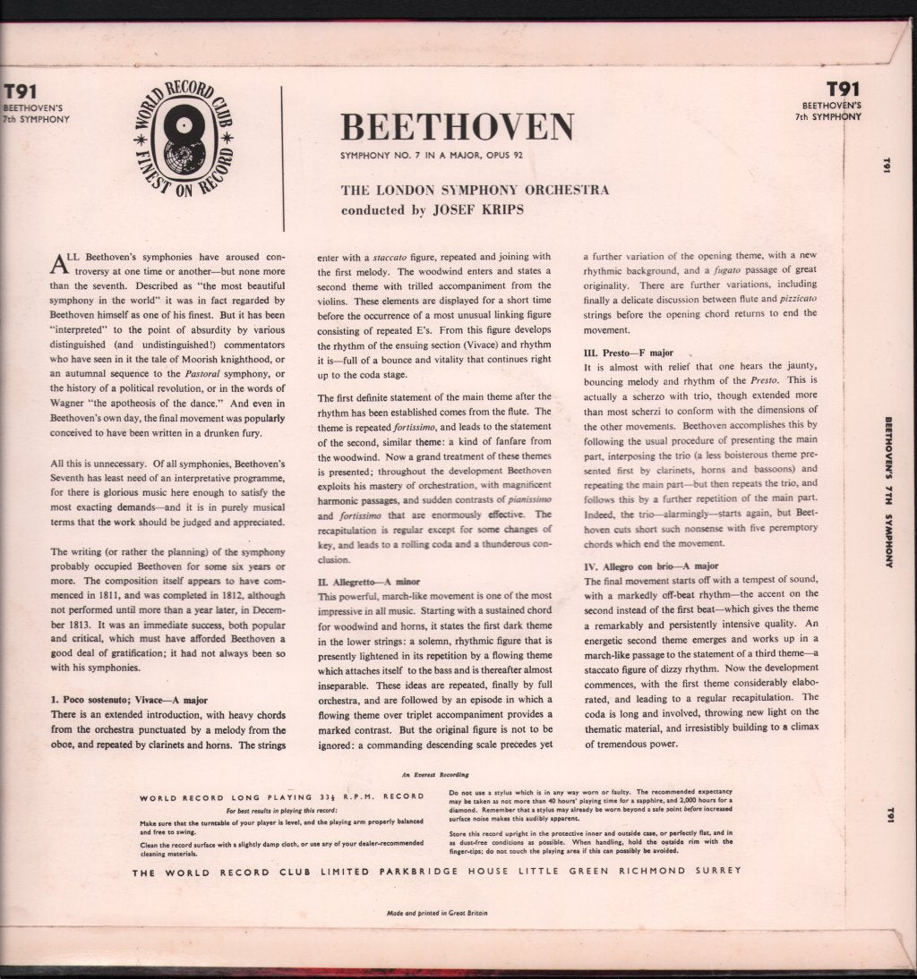 Josef Krips / London Symphony Orchestra - Beethoven Symphony No. 7 - Lp