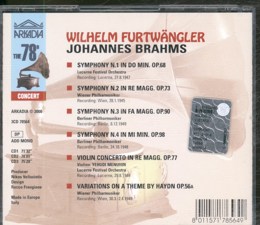 Wilhelm Furtwängler - Brahms - Symphony N 1 - Triple Cd
