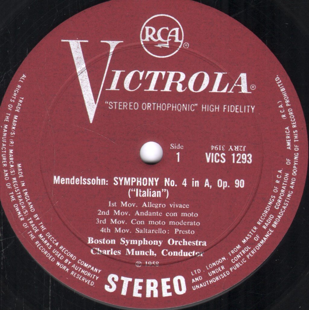 Charles Munch / Boston Symphony Orchestra - Mendelssohn - Symphony No. 4 In A 'Italian' / Symphony No. 5 In D Minor 'Reformation' - Lp
