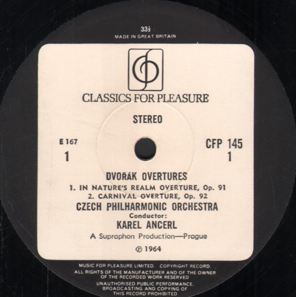 Karel Ancerl / Czech Philharmonic Orchestra - Dvorak Overtures - Othello, My Home, In Nature's Realm, Carnival Overture - Lp