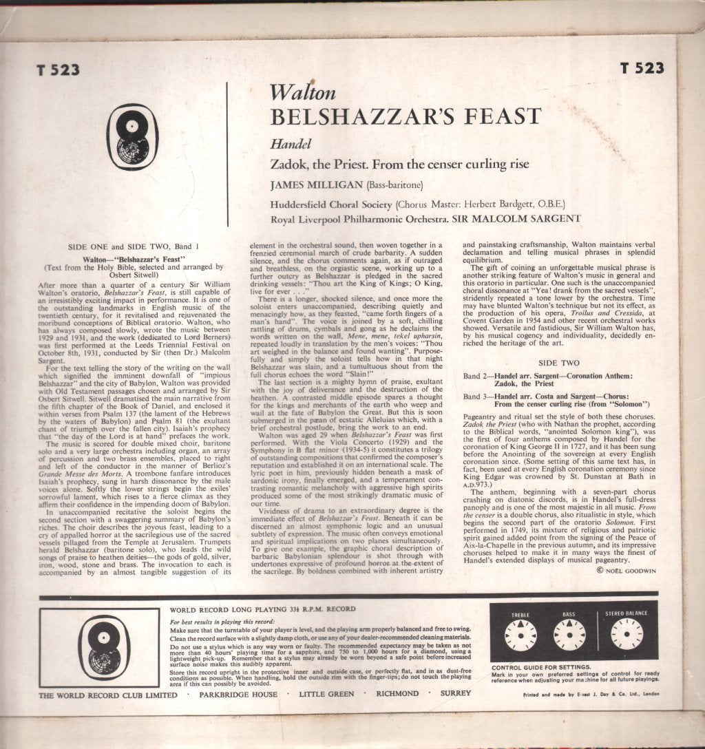 Sir Malcolm Sargent / Huddersfield Choral Society / James Milligan - Walton - Belshazzar's Feast - Lp