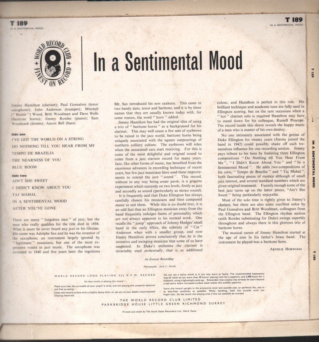 Jimmy Hamilton - In A Sentimental Mood - Lp