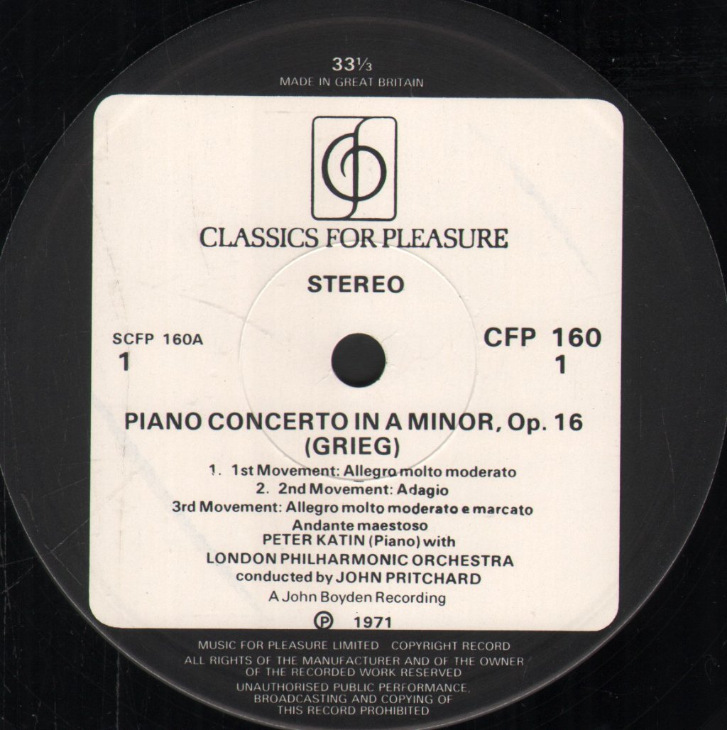 Peter Katin / London Philharmonic Orchestra / John Pritchard - Grieg Piano Concerto In A Minor - Lp