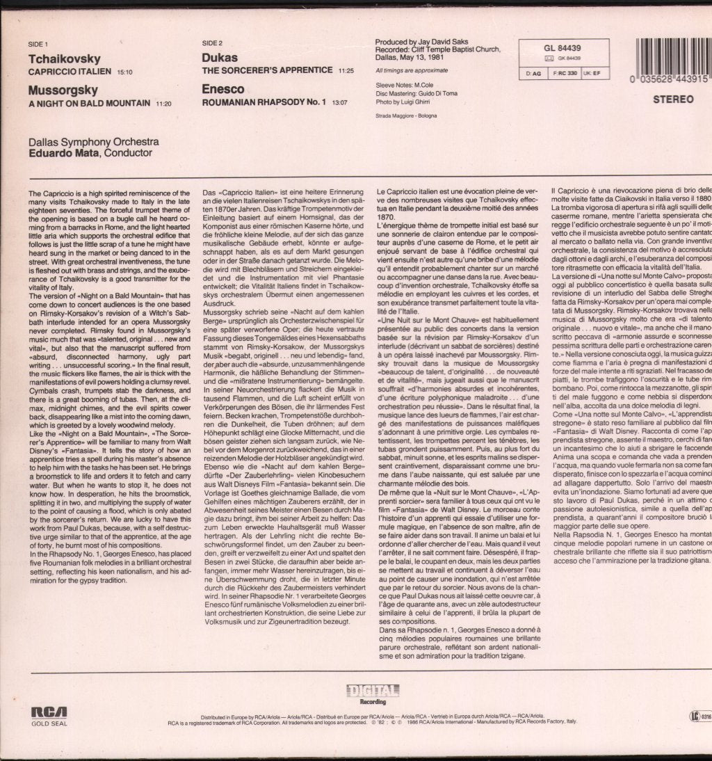 Eduardo Mata / Dallas Symphony Orchestra - Tchaikovsky - Capriccio Italien / Moussorgsky / Dukas / Enescu - Lp