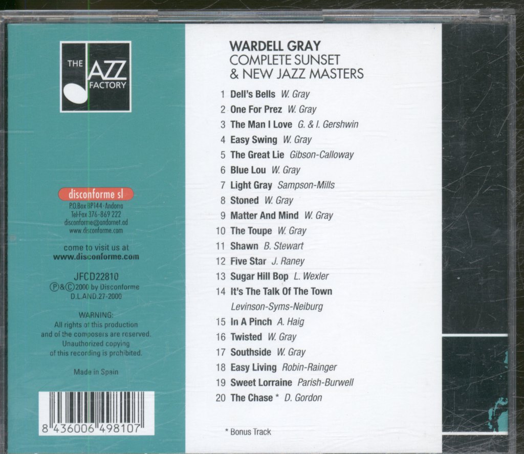 Wardell Gray - Complete Sunset & New Jazz Masters - Cd