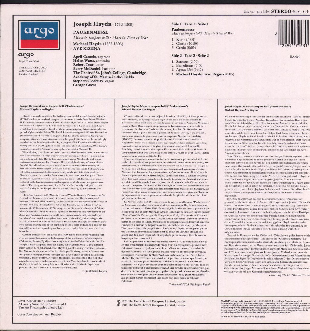 April Cantelo / Helen Watts / Robert Tear / Academy Of St. Martin-in-the-Fields / Choir Of St. John's College, Cambridge / George Guest - Joseph Haydn - Paukenmesse - Lp