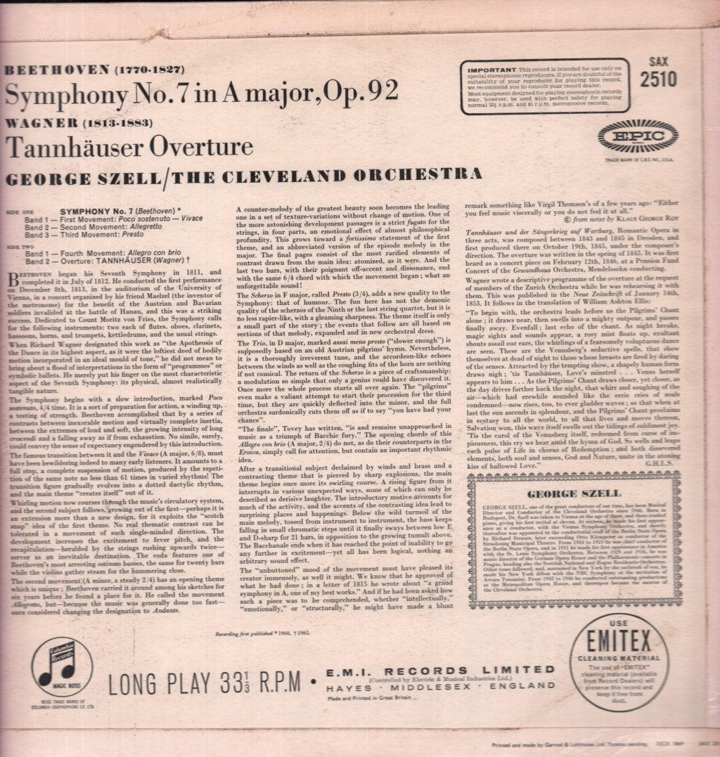 George Szell And The Cleveland Orchestra - Beethoven Symphony No.7 In A Mjor Op.92 - Lp