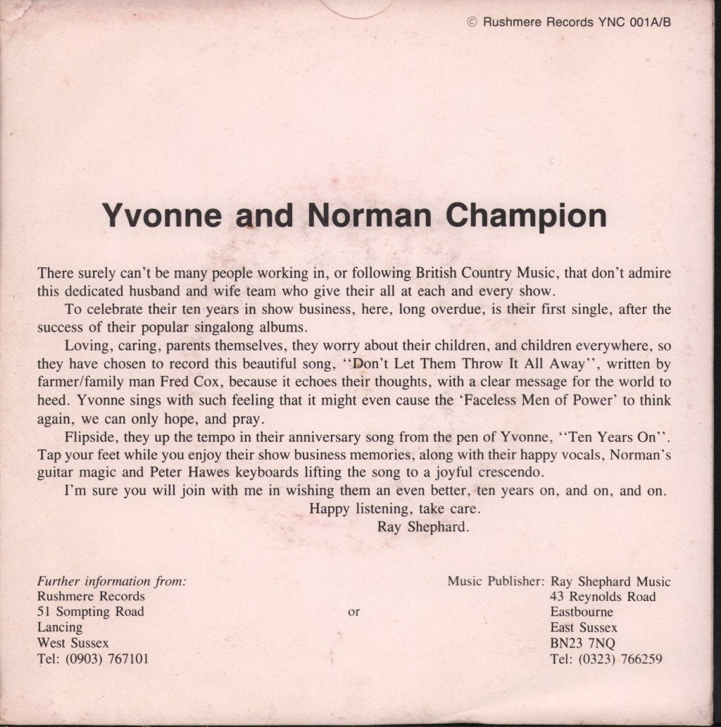 Yvonne and Norman Champion - Don't Let Them All Throw It Away - 7 Inch