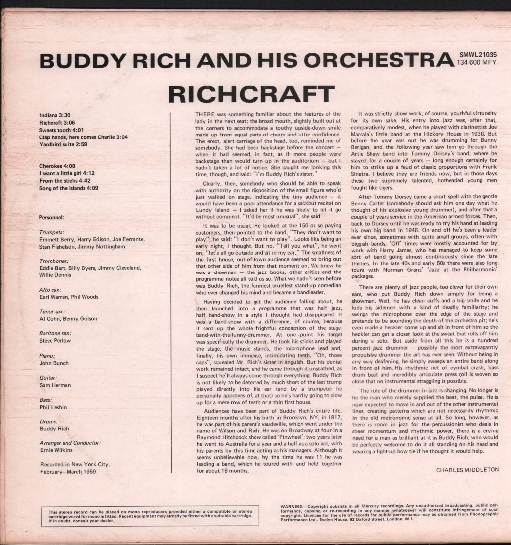 Buddy Rich And His Orchestra - Richcraft - Lp