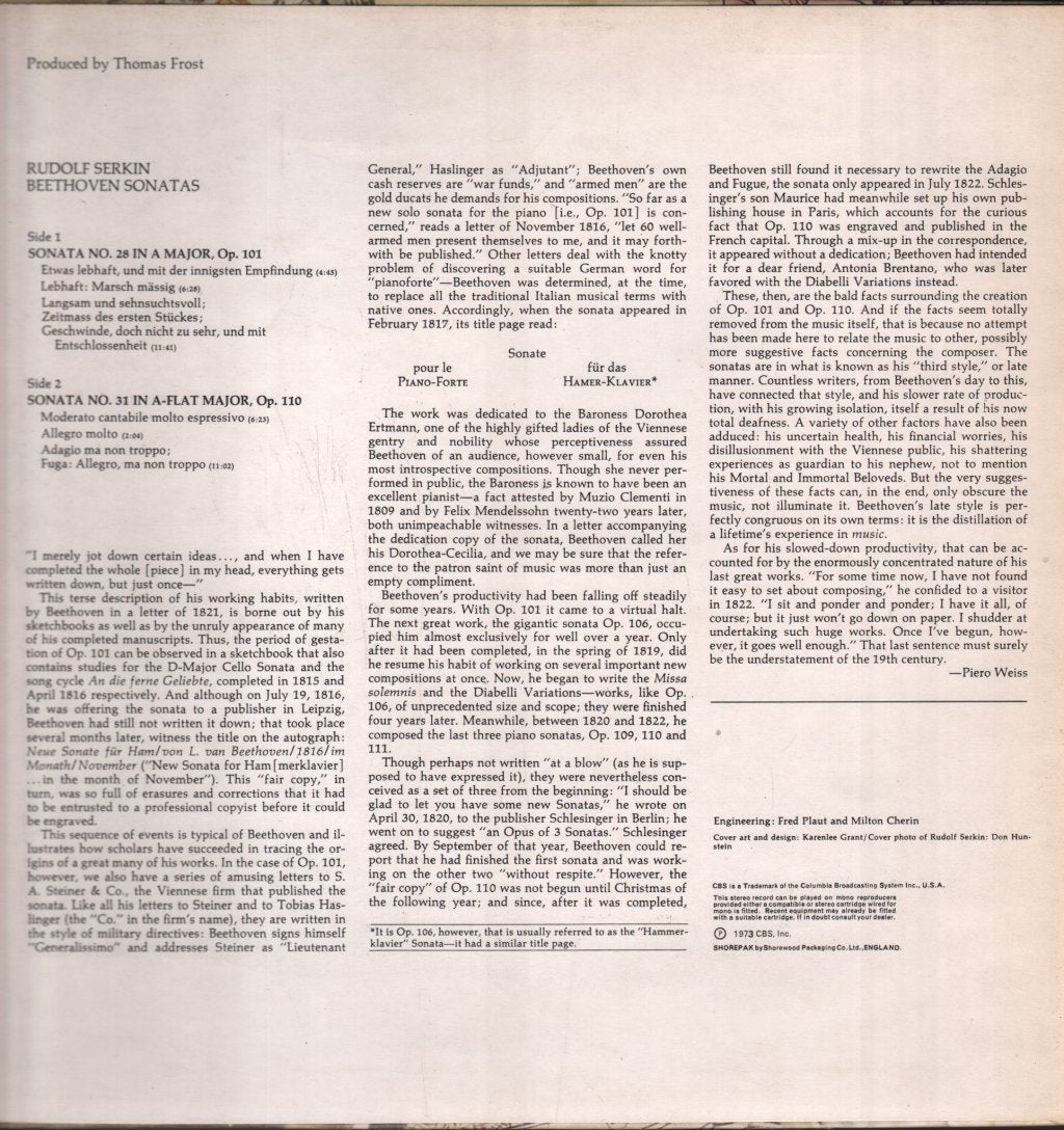 Rudolf Serkin - Beethoven - Sonata No. 28 In A Major / Sonata No. 31 In A-Flat Major - Lp