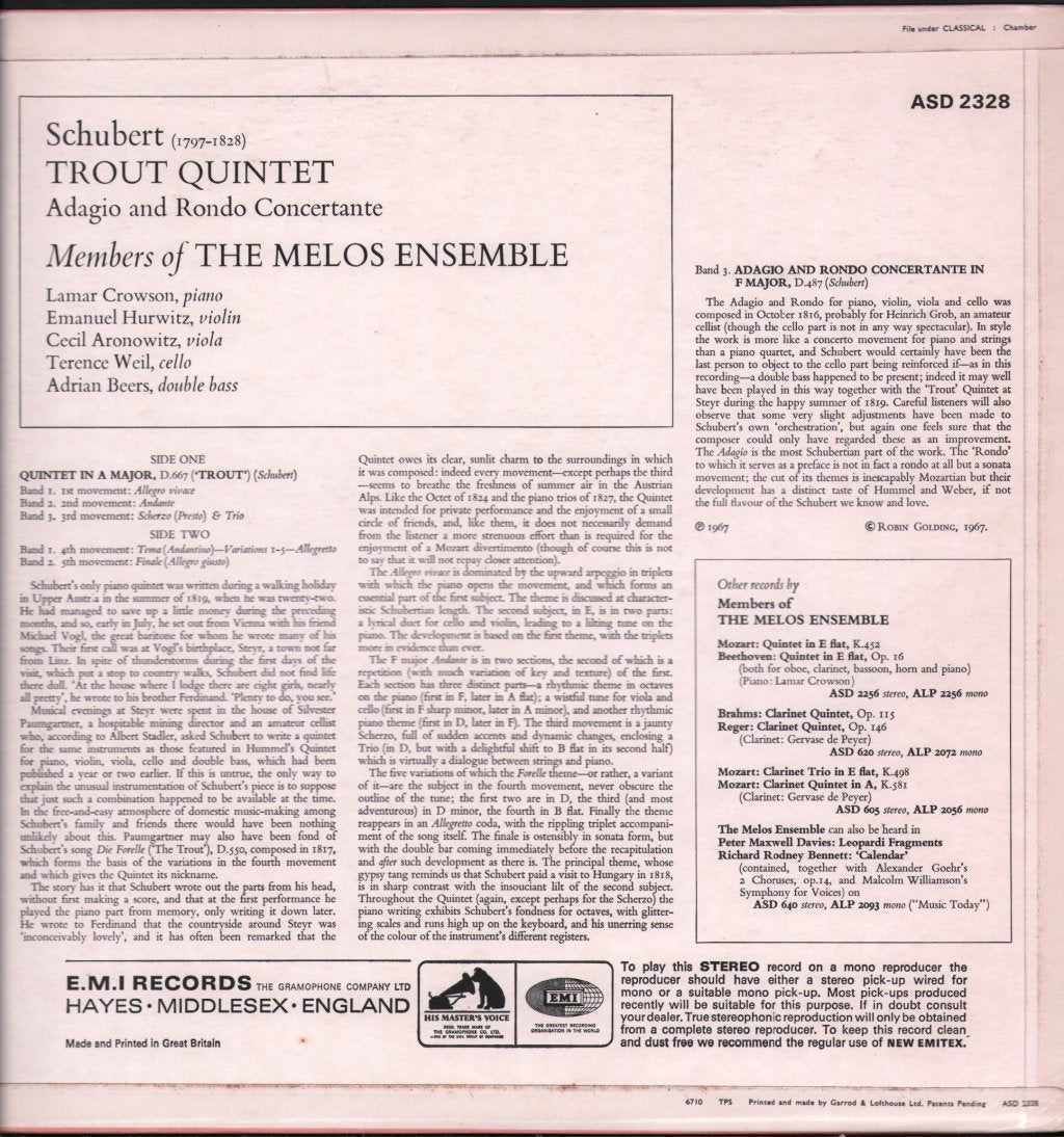 Members Of The Melos Ensemble - Schubert Trout Quintet - Lp