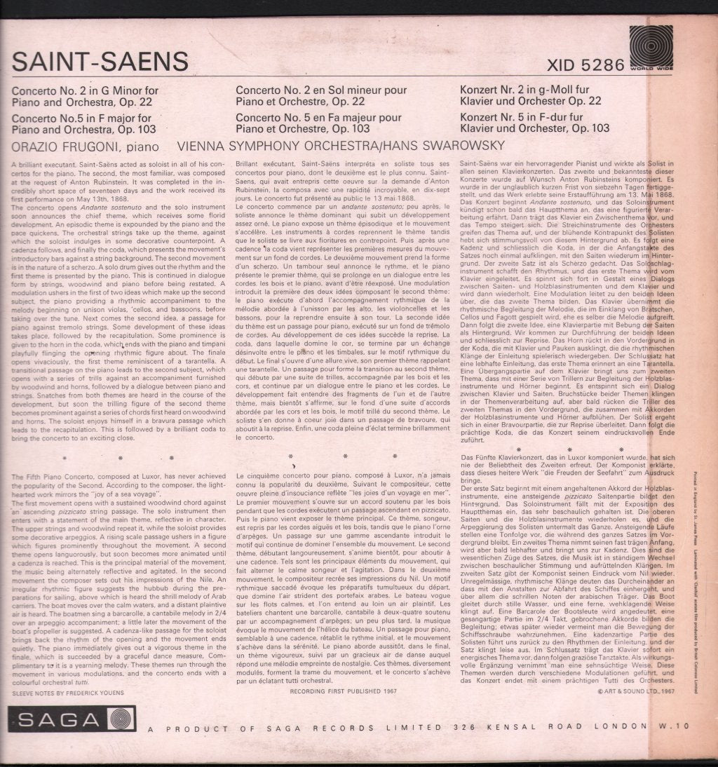Orazio Frugoni / Hans Swarowsky / Vienna Symphony Orchestra - Saint-Saens - Piano Concertos No. 2 In G Minor Op. 22 & No. 5 In F Major Op. 103 - Lp