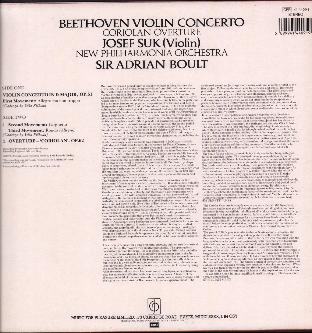 Josef Suk / Sir Adrian Boult / New Philharmonia Orchestra - Beethoven - Violin Concerto / Coriolan Overture - Lp
