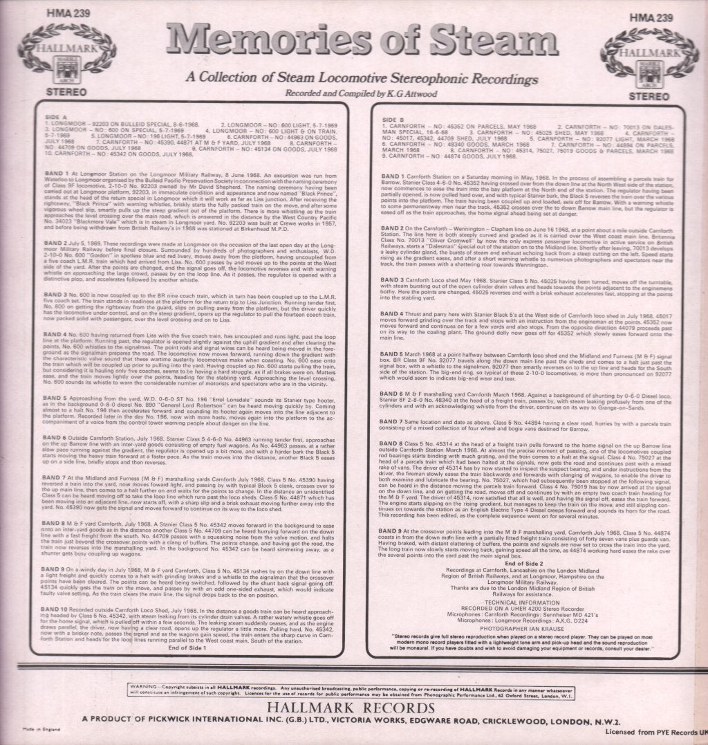 Memories Of Steam - A Collection Of Steam Locomotive Recordings - Lp