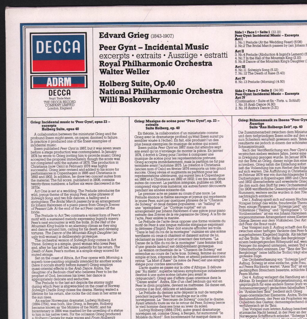 Walter Weller / Royal Philharmonic / Willi Boskovsky / National Philharmonic - Grieg - Peer Gynt (Incidental Music - Excerpts) - Lp