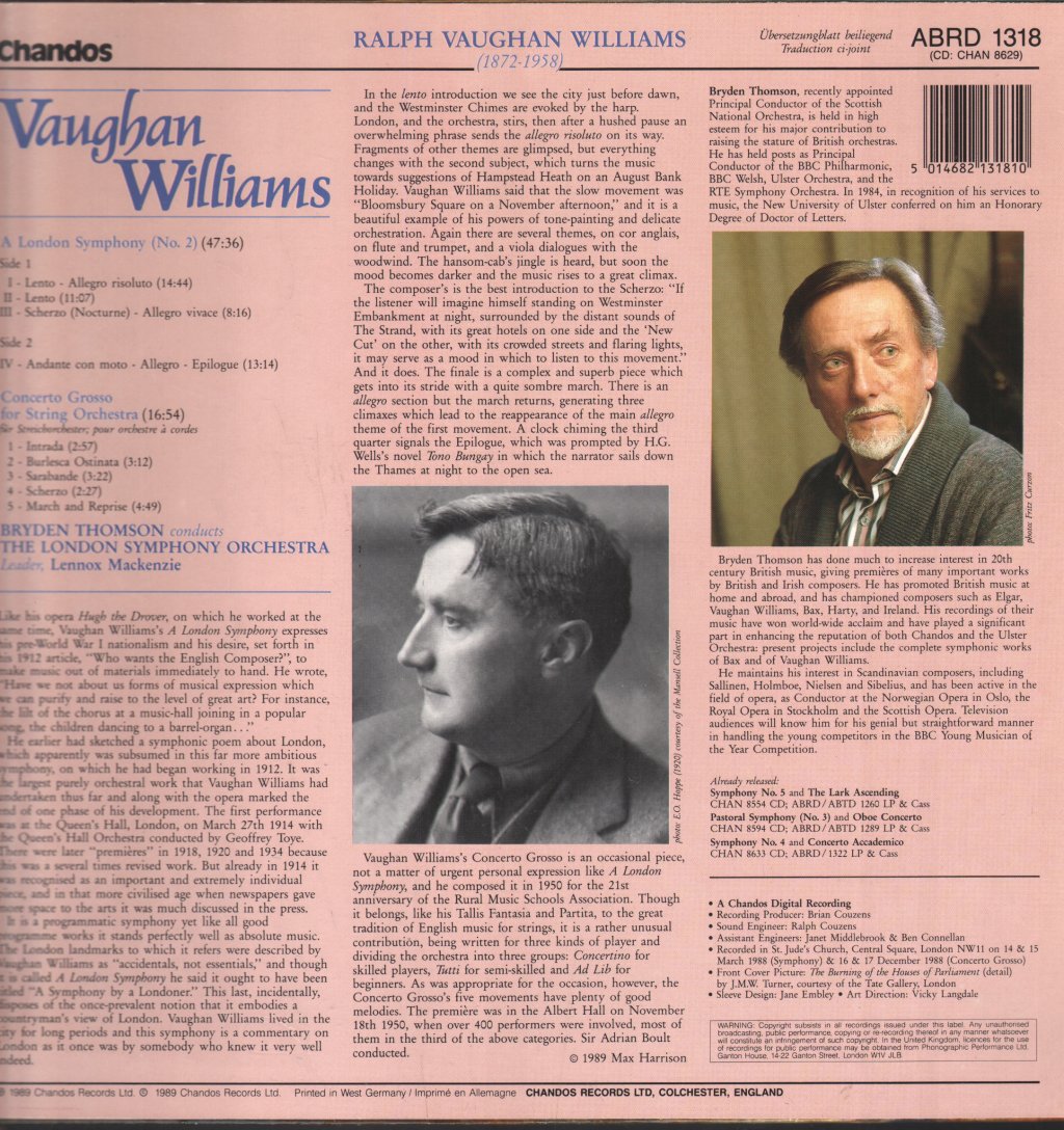 Bryden Thomson / London Symphony Orchestra - Vaughan Williams A London Symphony No.2 / Concerto Grosso - Lp