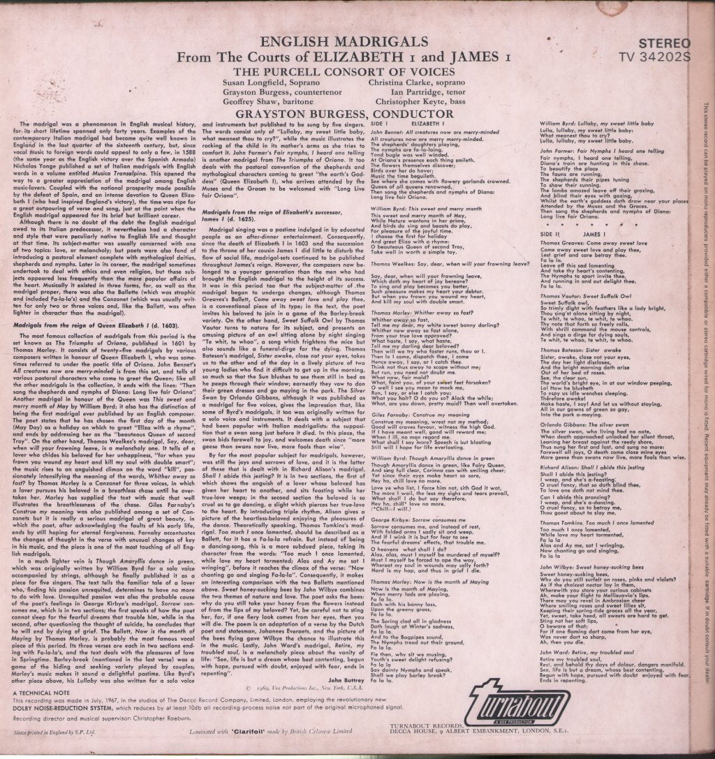 Purcell Consort Of Voices, Grayston Burgess - English Madrigals From The Courts Of Elizabeth I And James I - Lp