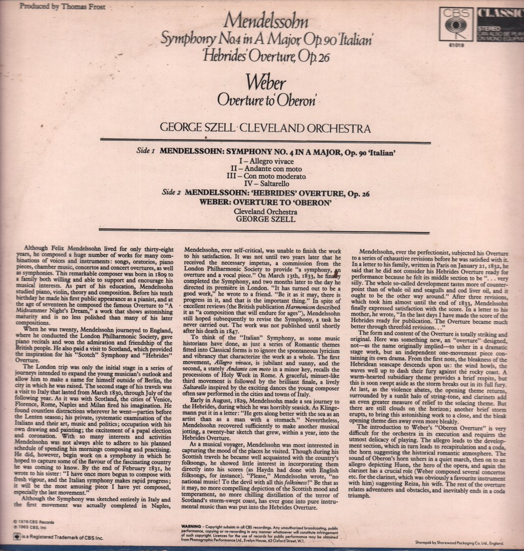 George Szell - Sinfonie Nr. 4 A-dur Op. 90 Italienische Hebriden-Ouverture Op. 26 Oberon Ouverture - Lp
