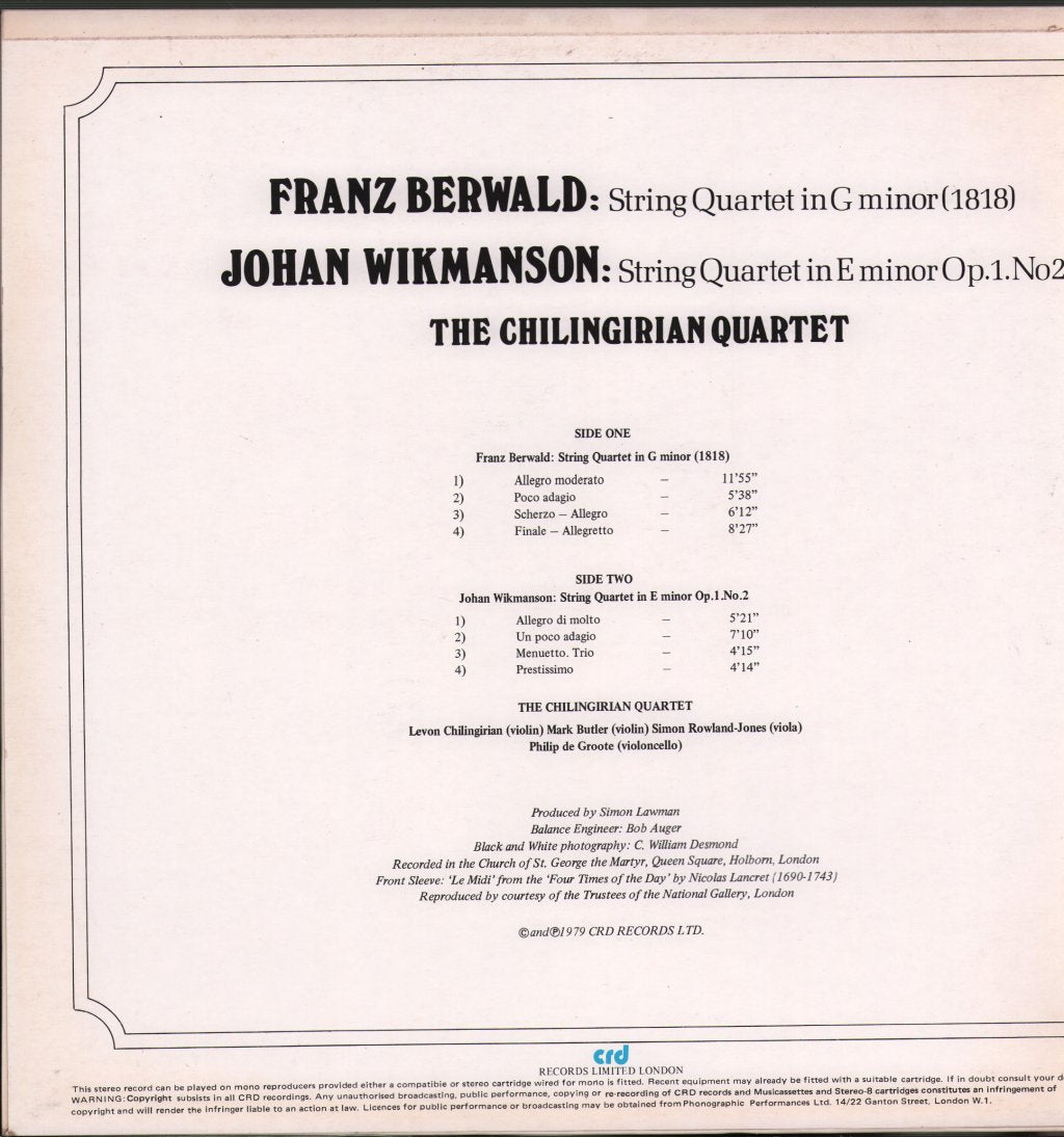 Chilingirian String Quartet - Franz Berwald - String Quartet in G-Minor / Johan Wikmanson - String Quartet in E-Minor - Lp