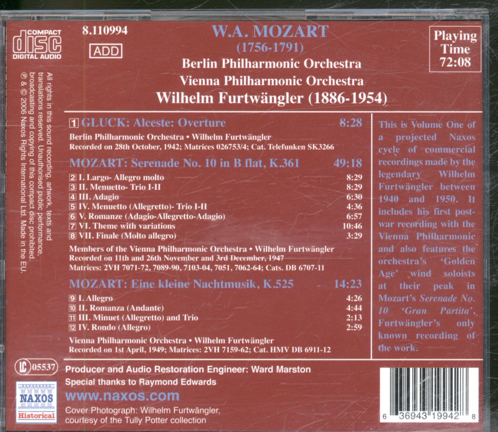 Berlin Philharmonic Orchestra, Vienna Philharmonic Orchestra, Wilhelm Furtwängler - Mozart - Serenade No. 10 'Gran Partita' . Eine Kleine Nachtmusik [Commercial Recordings 1940-50] - Cd
