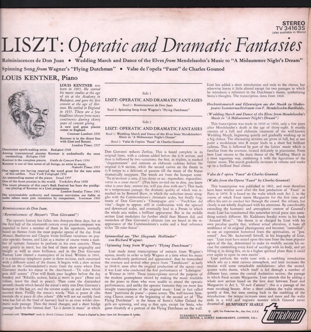 Louis Kentner - Liszt - Operatic And Dramatic Fantasies - Lp