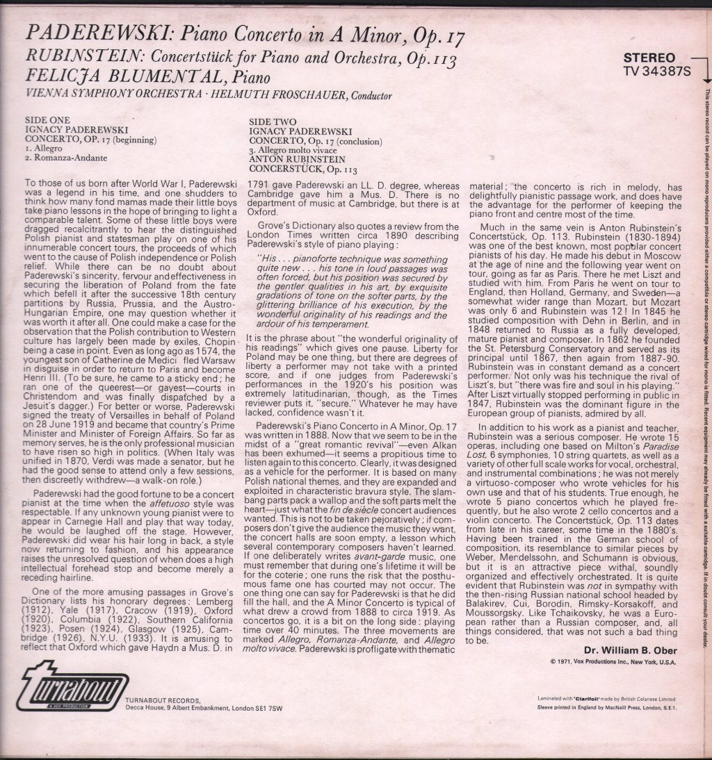 Felicja Blumental / Vienna Symphony Orchestra / Helmuth Froschauer - Paderewski - Piano Concerto In A Minor, Op. 17 / Rubinstein - Concertstück For Piano And Orchestra, Op. 113 - Lp