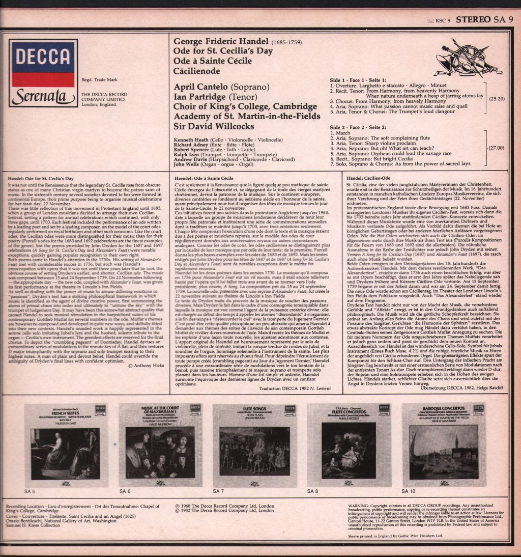 Choir Of King's College Cambridge / Academy Of St. Martin in the Fields / Sir David Willocks - George Frideric Handel - Ode For St. Cecilia's Day - Lp