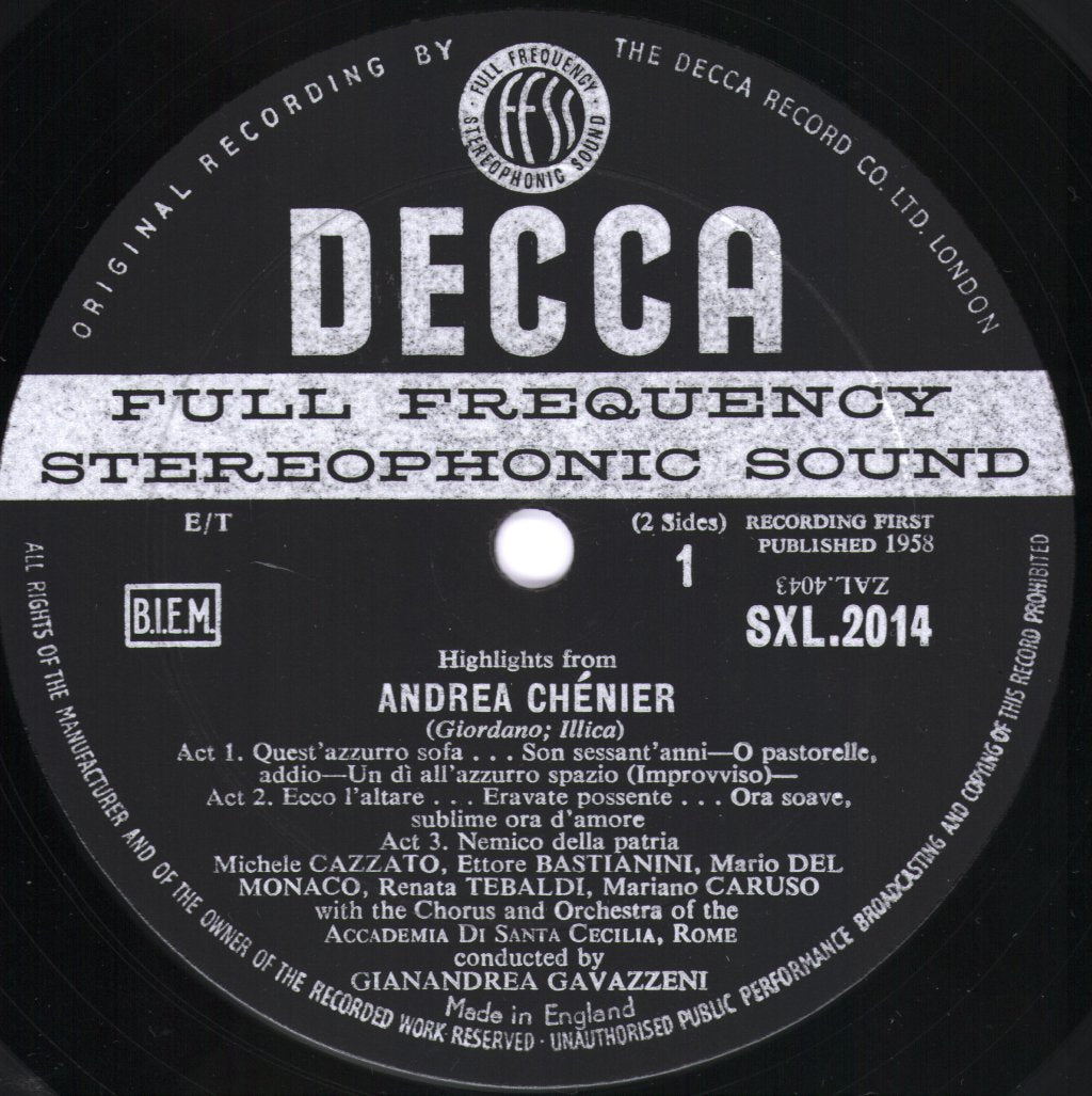 Mario Del Monaco / Renata Tebaldi / Ettore Bastianini / Gianandrea Gavazzeni - Andrea Chénier - Highlights - Lp