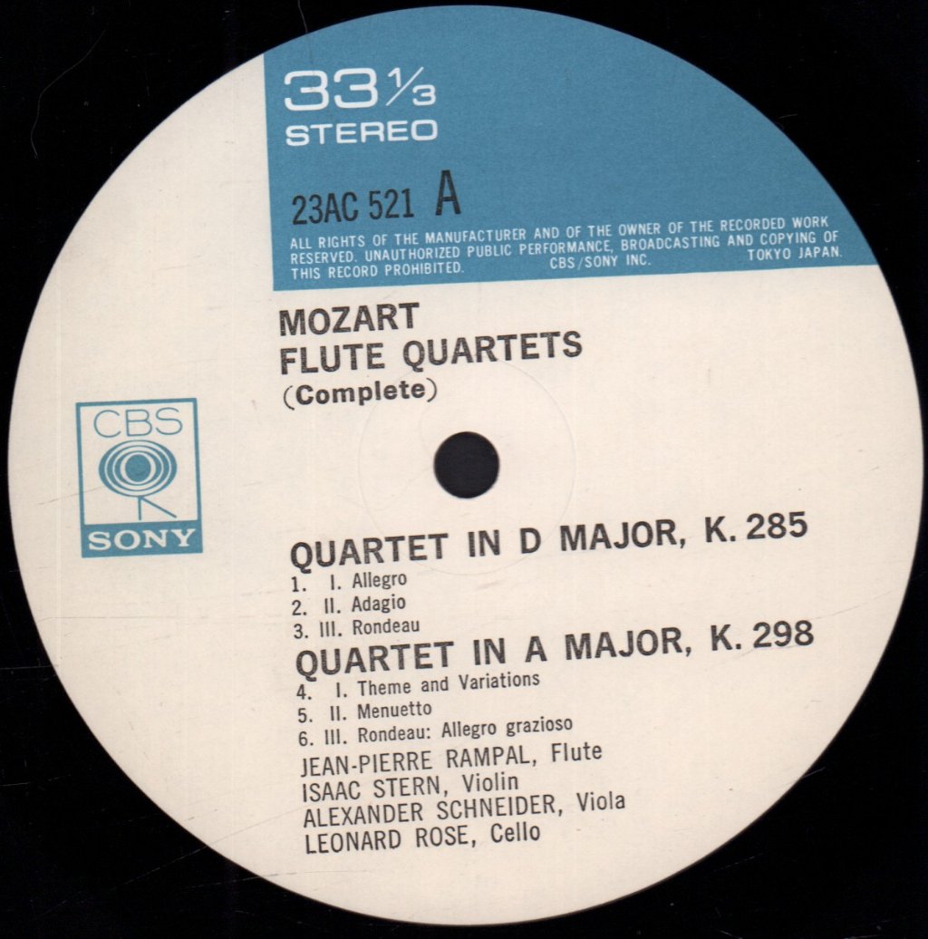 Mozart Jean-Pierre Rampal Isaac Stern Alexander Schneider Leonard Rose - Mozart Flute Quartets Complete - Lp