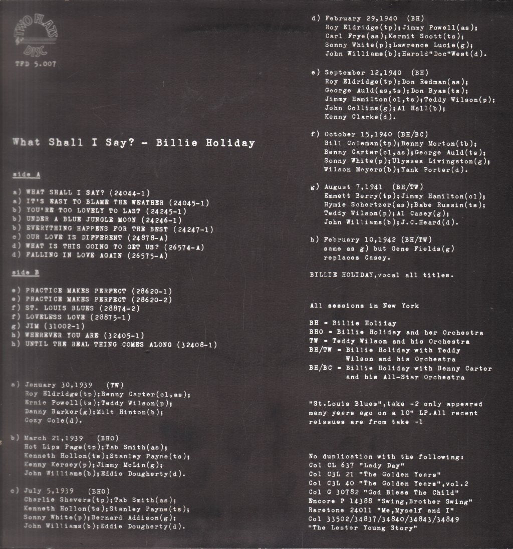 Billie Holiday - What Shall I Say? - Lp