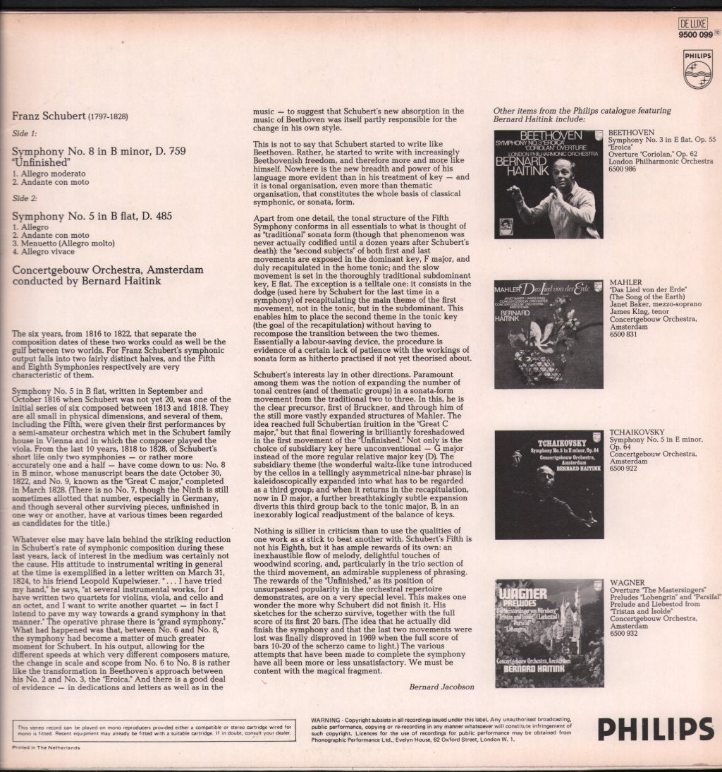 Bernard Haitink / Concertgebouw Orchestra, Amsterdam - Schubert - Symphonies No.5 And No.8 Unfinished - Lp
