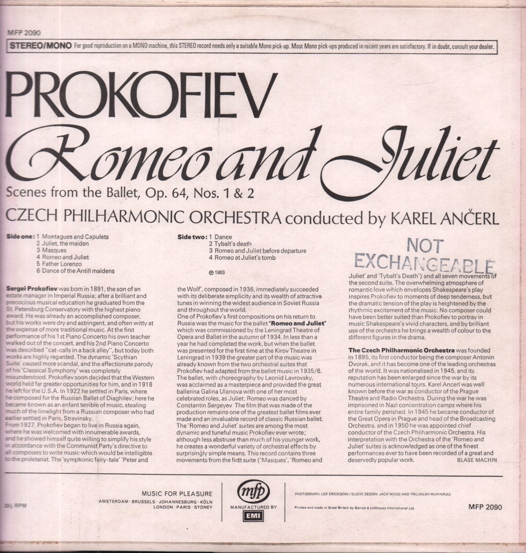 Karel Ancerl / Czech Philharmonic Orchestra - Prokofiev Romeo And Juliet - Lp