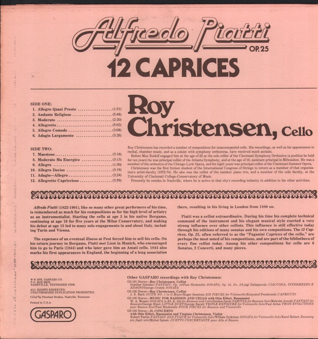 Roy Christensen - Alfredo Piatti - 12 Caprices, Op.25 - Lp