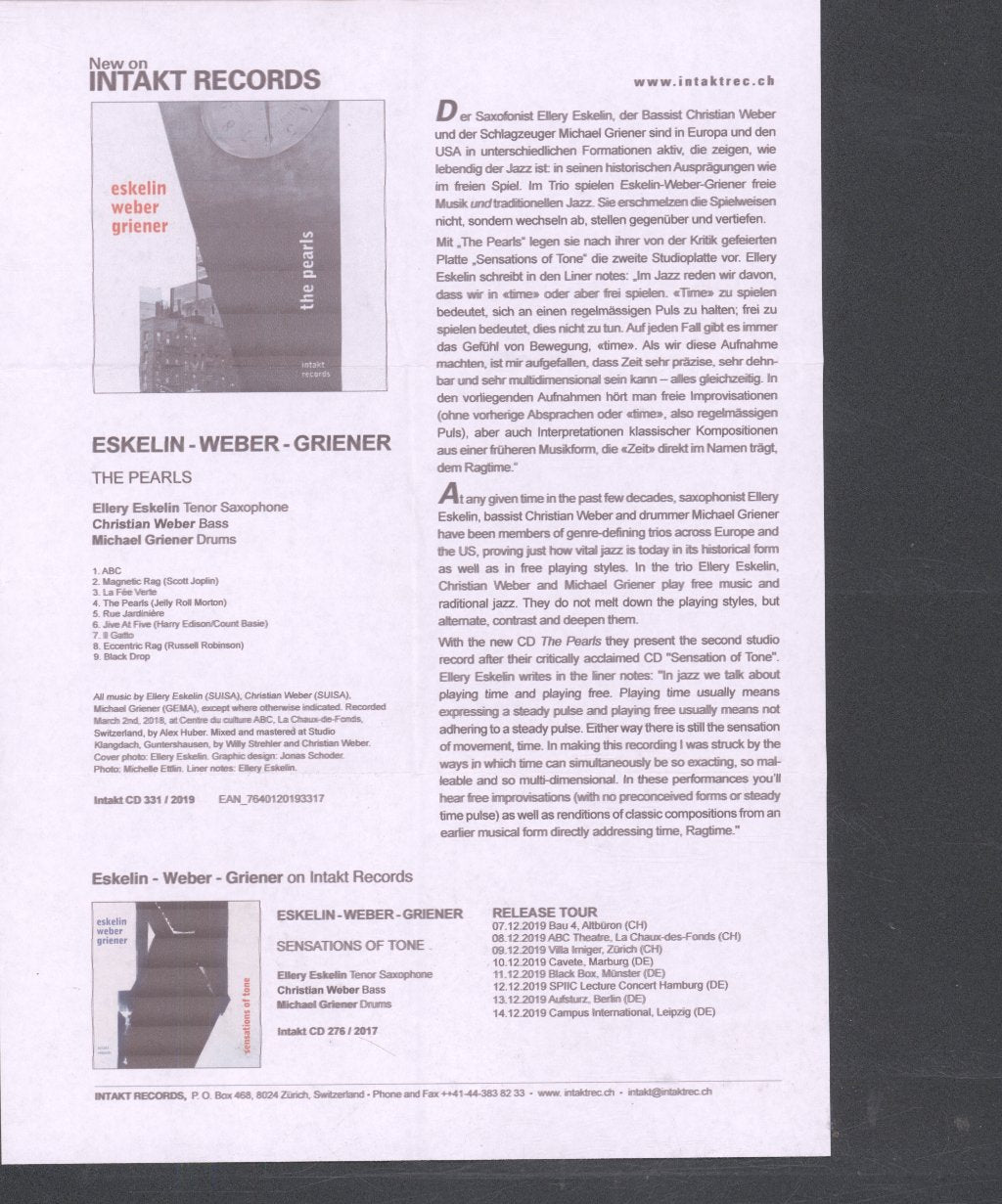 Eskelin, Weber, Griener - Pearls - Cd